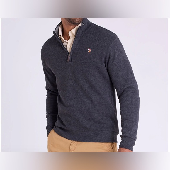 U.S. Polo Assn. Men's Dark Blue 1/4 Zip Mock Neck Flatback Pullover Sweater - Picture 11 of 13